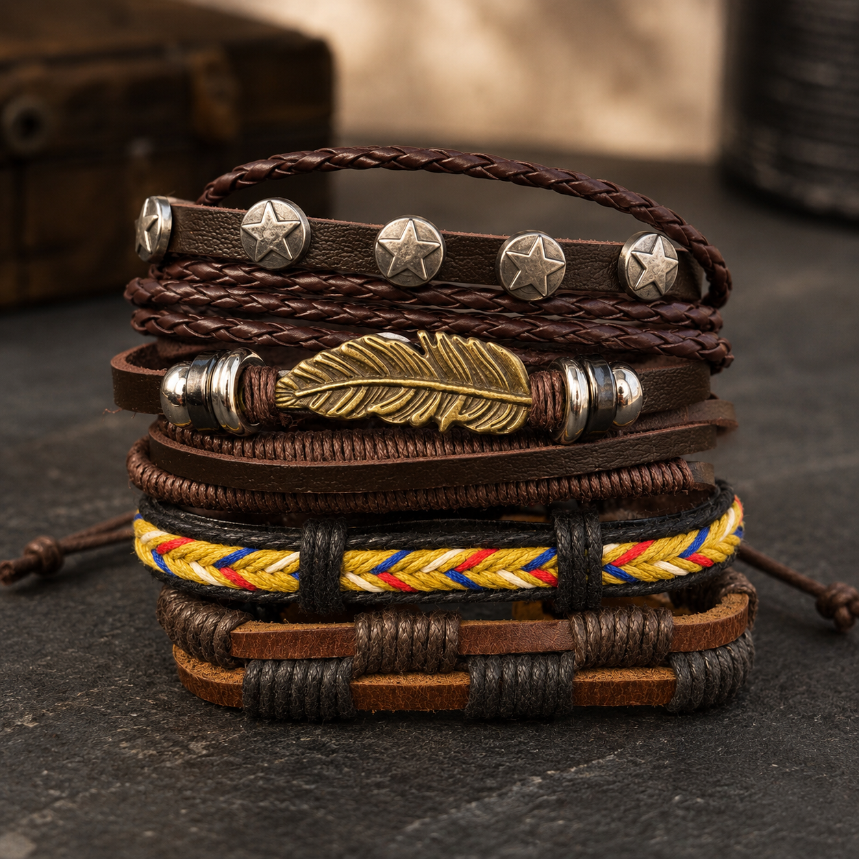 🪶 Pulsera Pluma Café – Set de 4 - Gallery 1