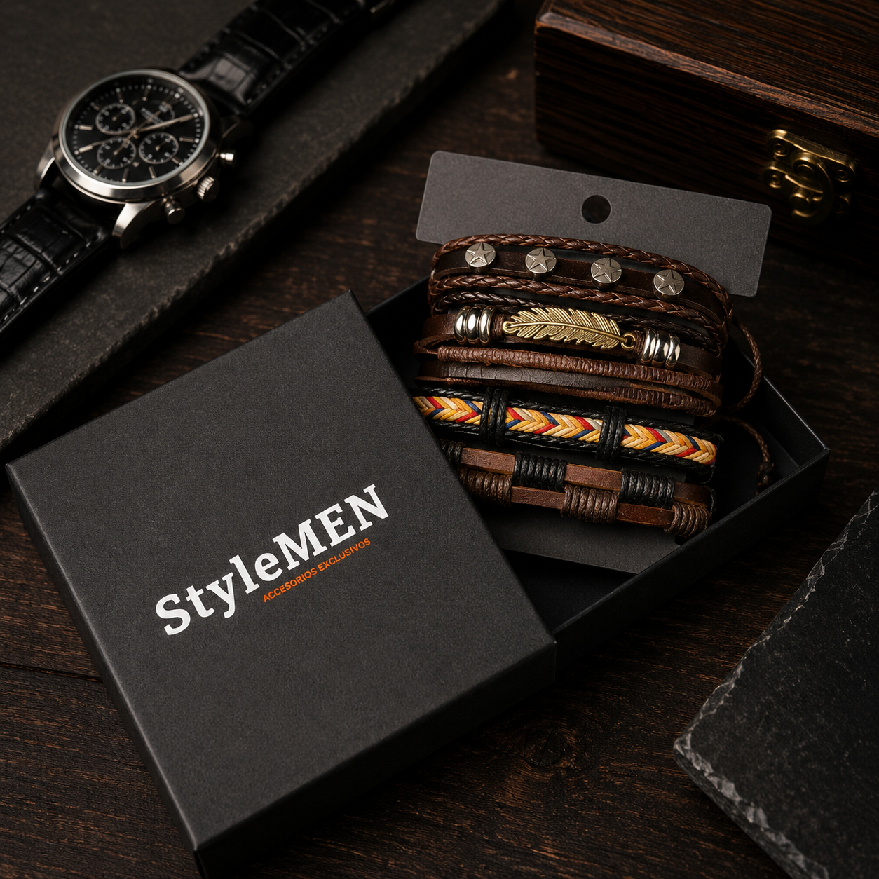 🪶 Pulsera Pluma Café – Set de 4 - Gallery 5