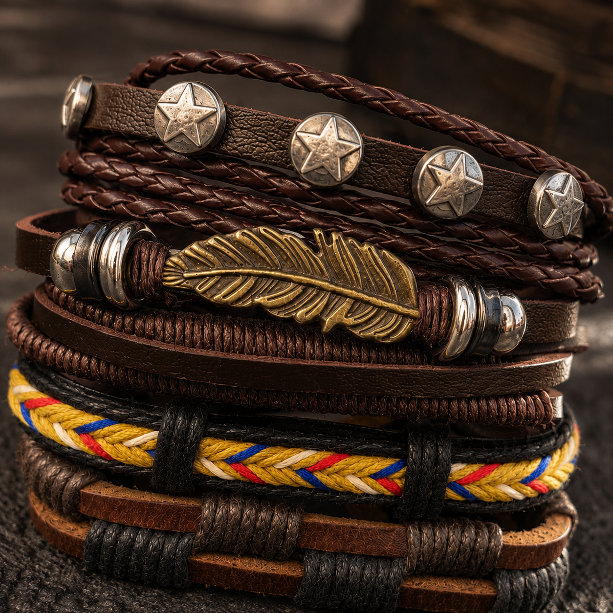 🪶 Pulsera Pluma Café – Set de 4 - Gallery 2