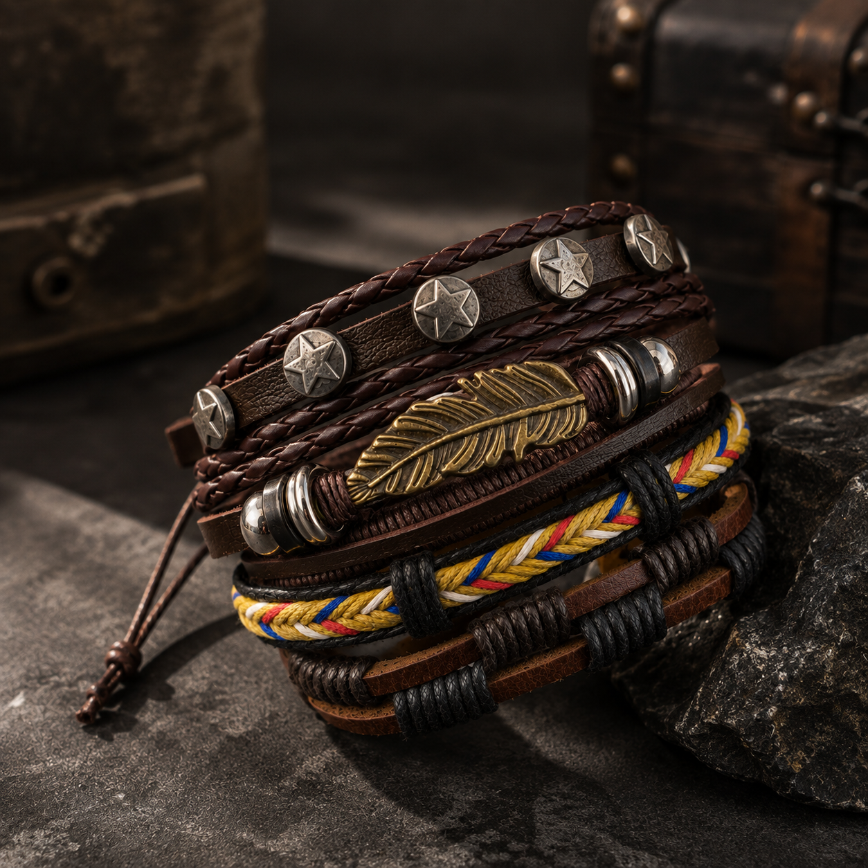 🪶 Pulsera Pluma Café – Set de 4 - Gallery 4