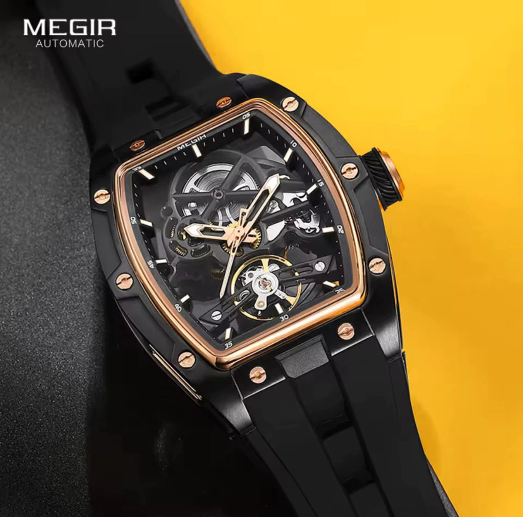 Reloj Automático Megir 2242 Negro Dorado de Cuerpo Abierto | Elegancia y Precisión - Gallery 5