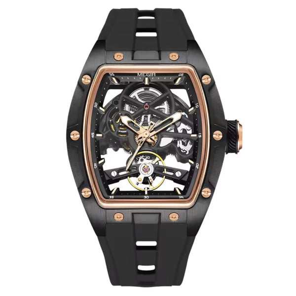 Reloj Automático Megir 2242 Negro Dorado de Cuerpo Abierto | Elegancia y Precisión