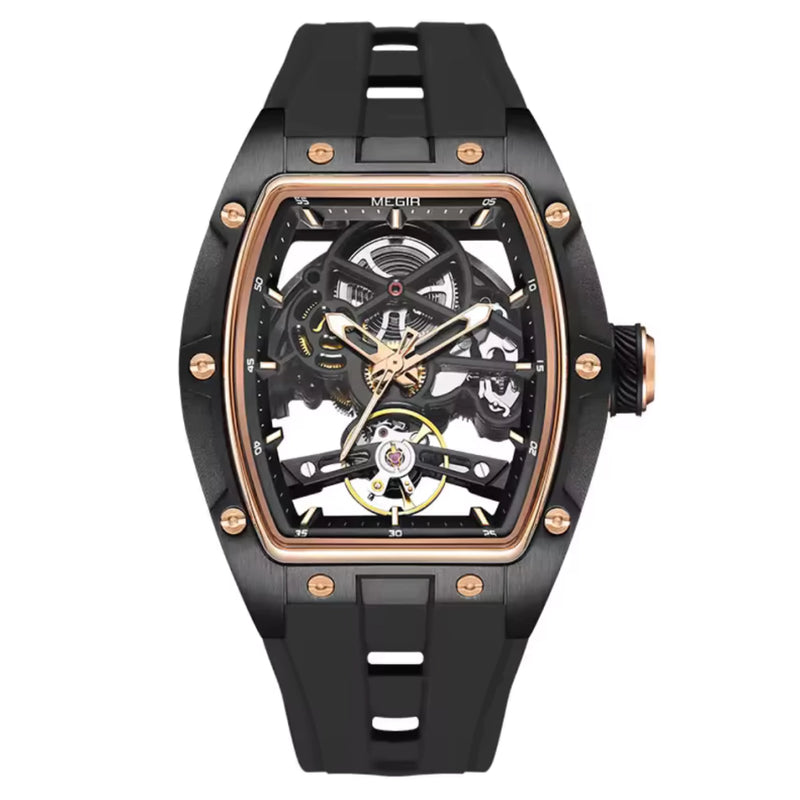 Reloj Automático Megir 2242 Negro Dorado de Cuerpo Abierto | Elegancia y Precisión