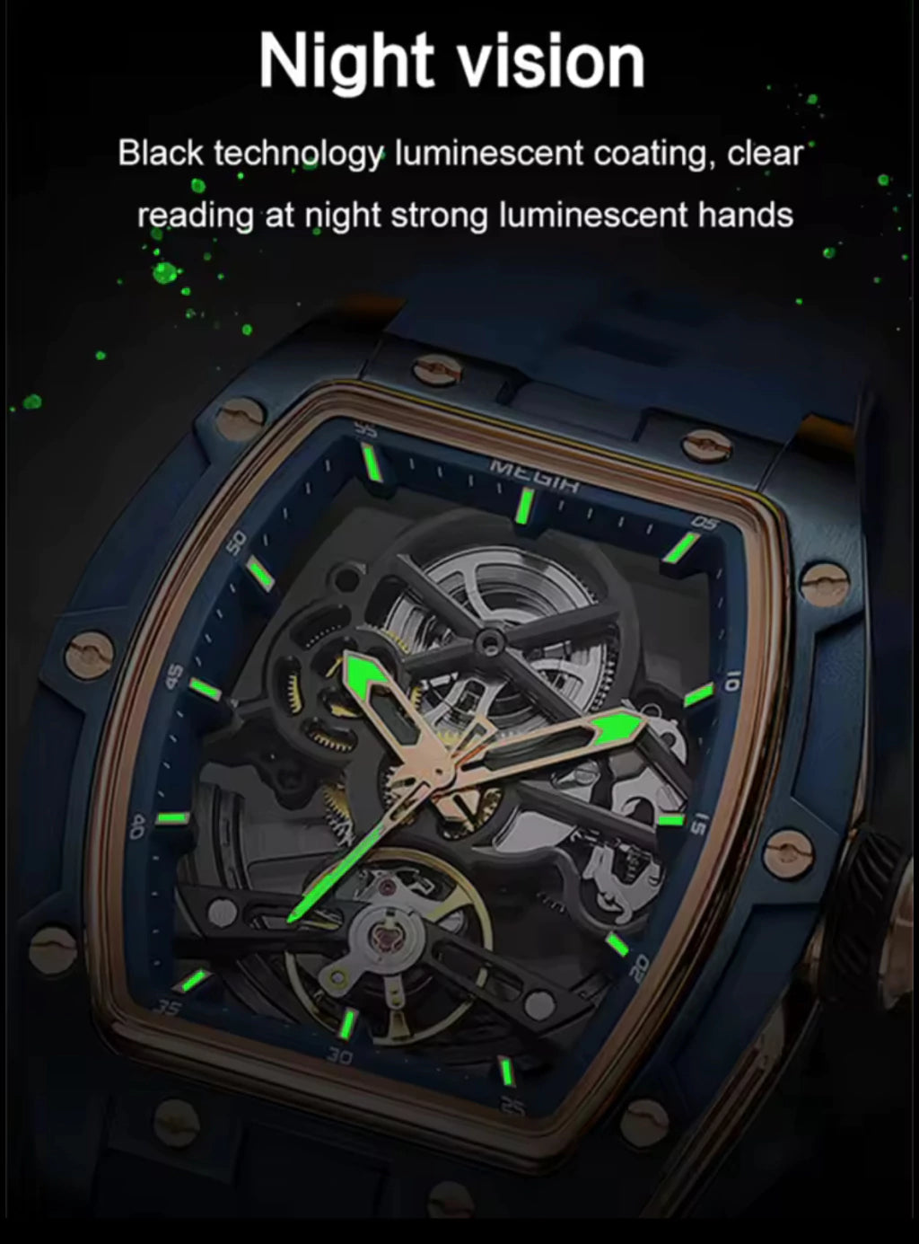Reloj Automático Megir 2242 Negro Dorado de Cuerpo Abierto | Elegancia y Precisión - Gallery 7
