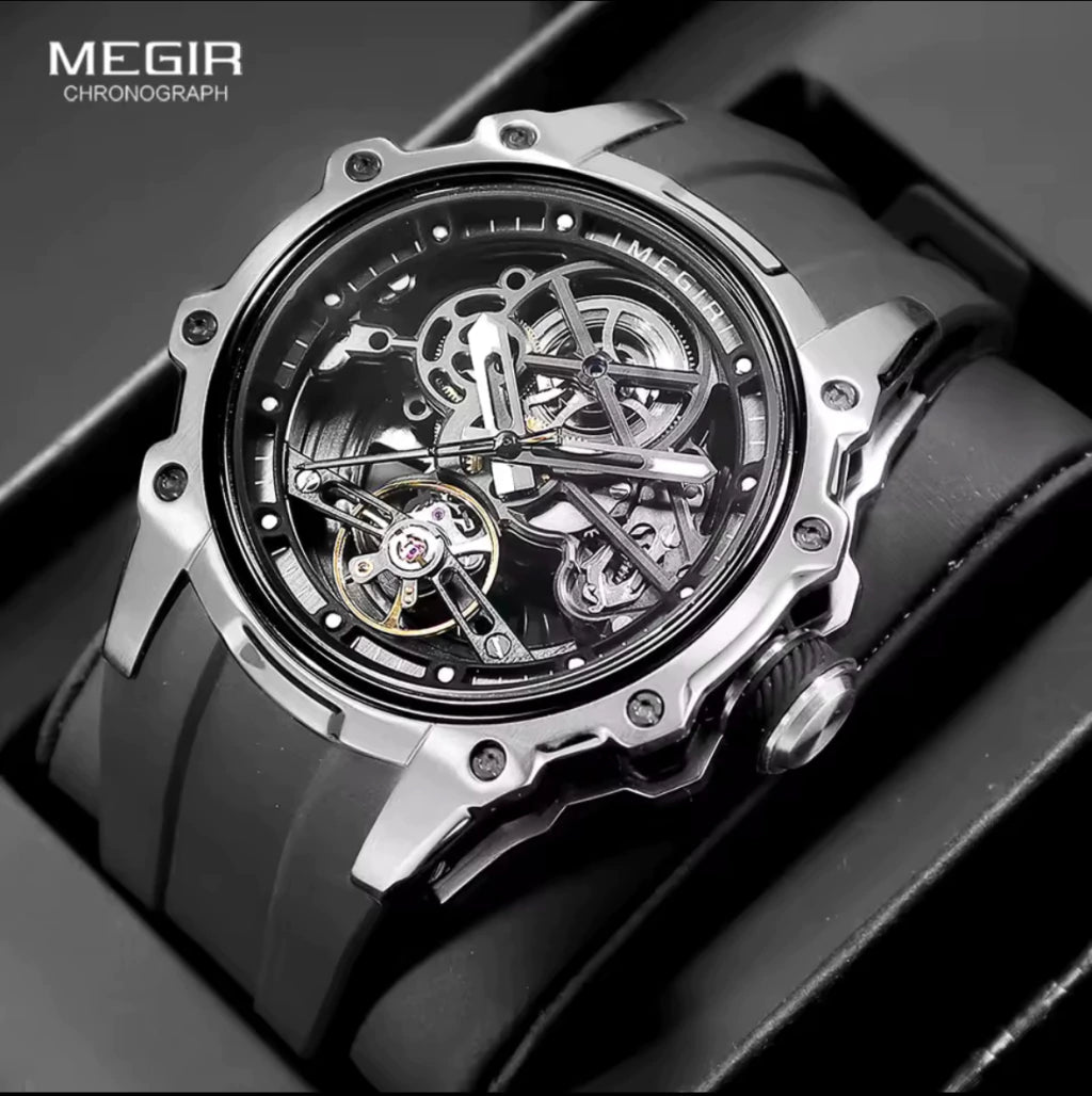 Reloj Automático Megir 2243 Negro plateado de Cuerpo Abierto | Elegancia y Precisión - Gallery 4