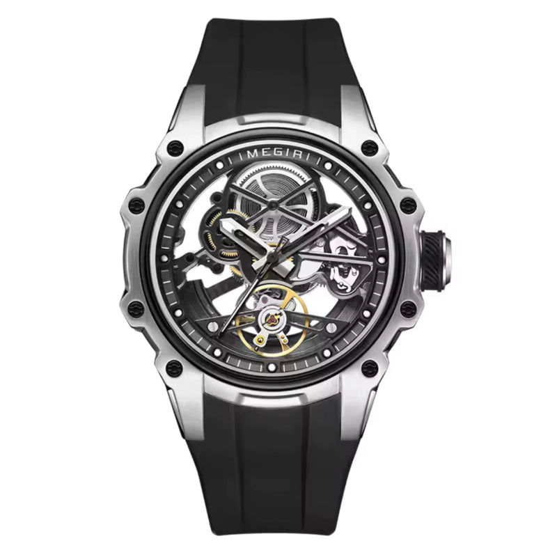 Reloj Automático Megir 2243 Negro plateado de Cuerpo Abierto | Elegancia y Precisión