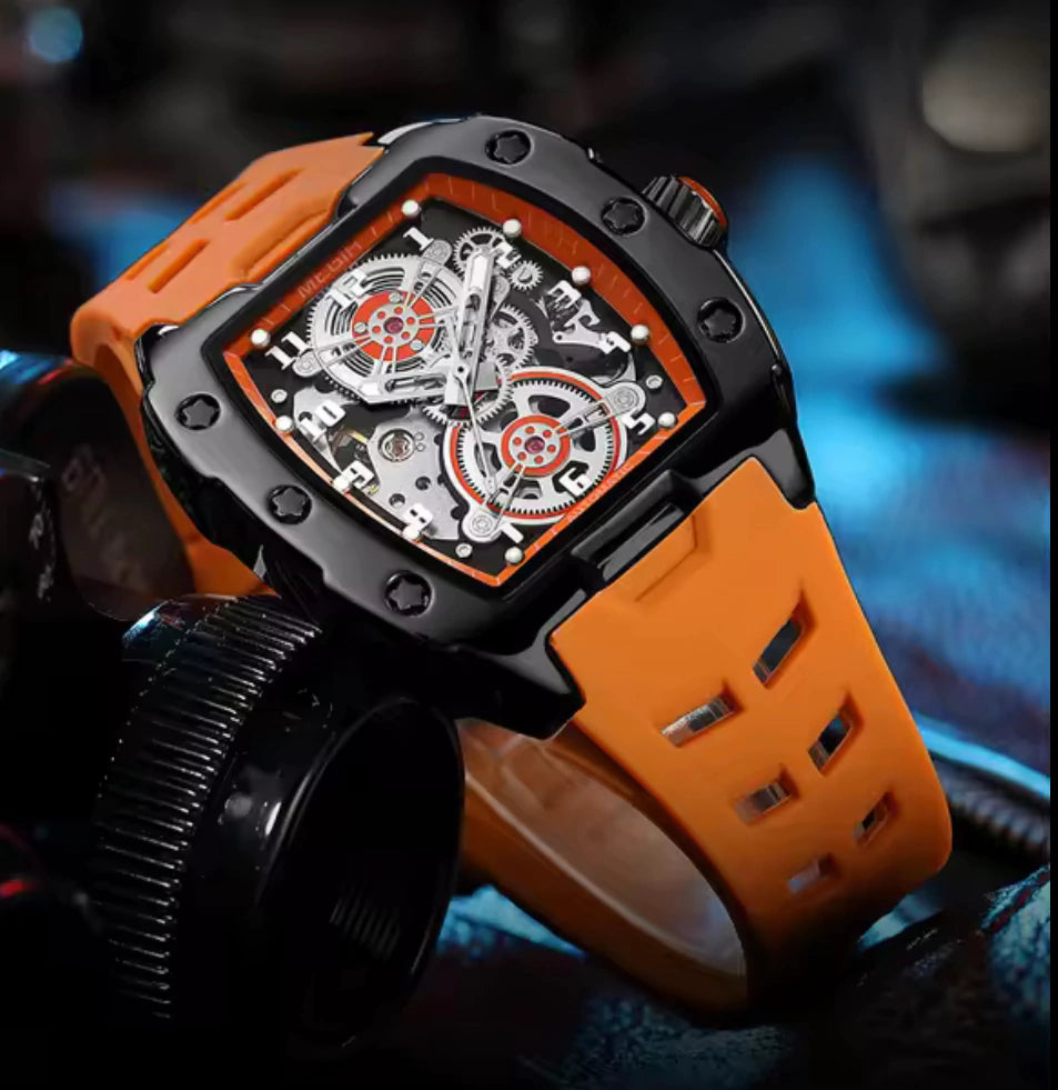 Reloj Automático Megir 8602 Naranja de Cuerpo Semi Abierto | Elegancia y Precisión - Gallery 2