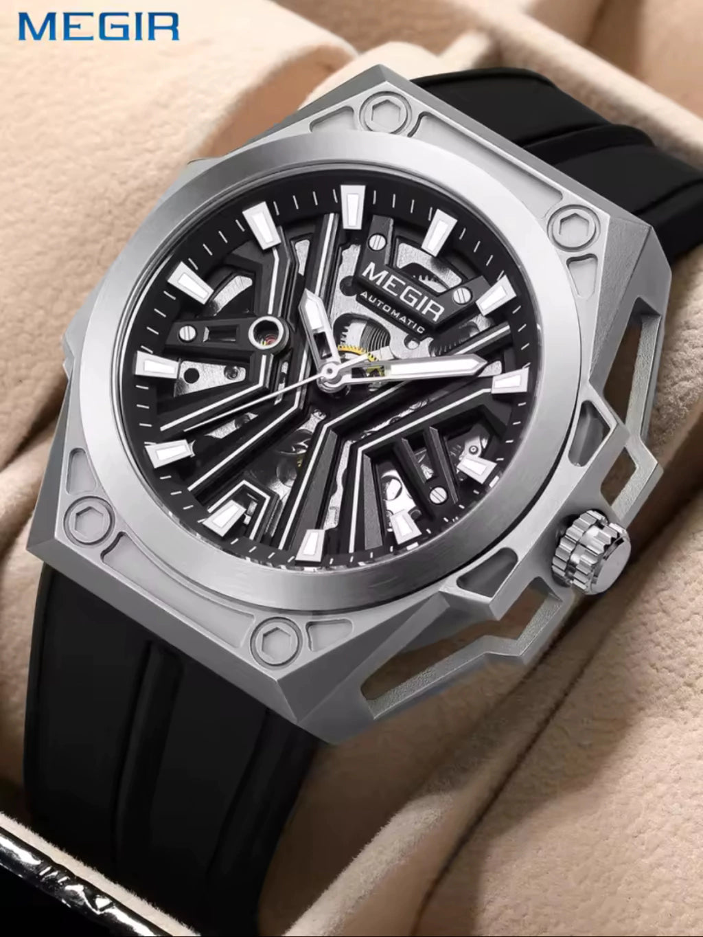 Reloj Automático Megir 8602 Negro Plateado de Cuerpo Semi Abierto | Elegancia y Precisión - Gallery 1