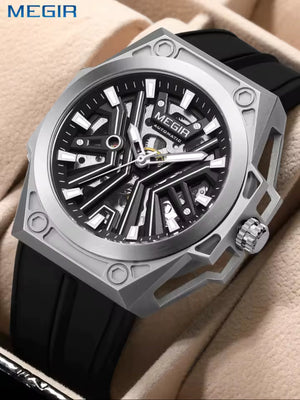 Reloj Automático Megir 8602 Negro Plateado de Cuerpo Semi Abierto | Elegancia y Precisión