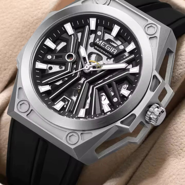 Reloj Automático Megir 8602 Negro Plateado de Cuerpo Semi Abierto | Elegancia y Precisión