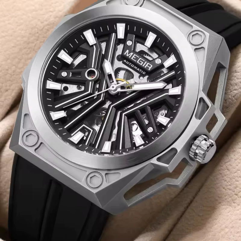 Reloj Automático Megir 8602 Negro Plateado de Cuerpo Semi Abierto | Elegancia y Precisión