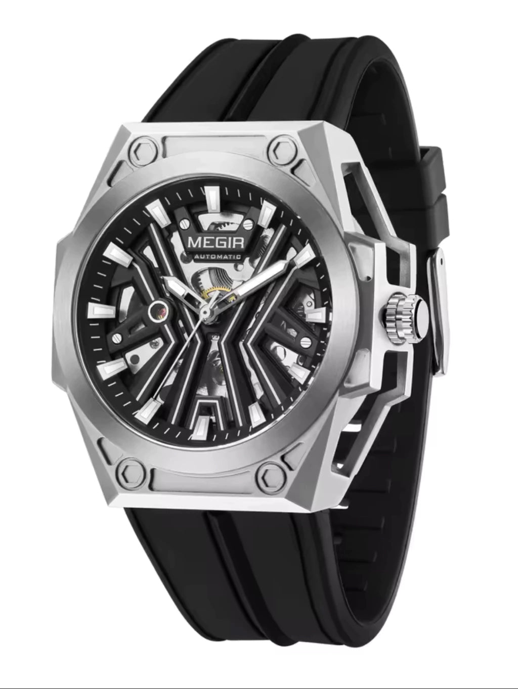 Reloj Automático Megir 8602 Negro Plateado de Cuerpo Semi Abierto | Elegancia y Precisión - Gallery 2