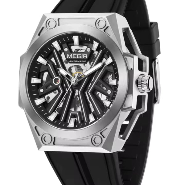 Reloj Automático Megir 8602 Negro Plateado de Cuerpo Semi Abierto | Elegancia y Precisión - Secondary