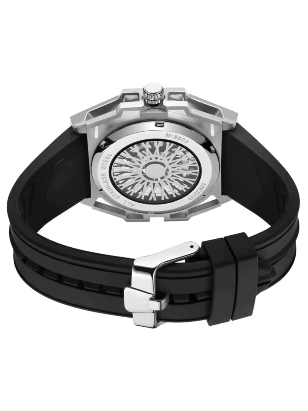 Reloj Automático Megir 8602 Negro Plateado de Cuerpo Semi Abierto | Elegancia y Precisión - Gallery 3