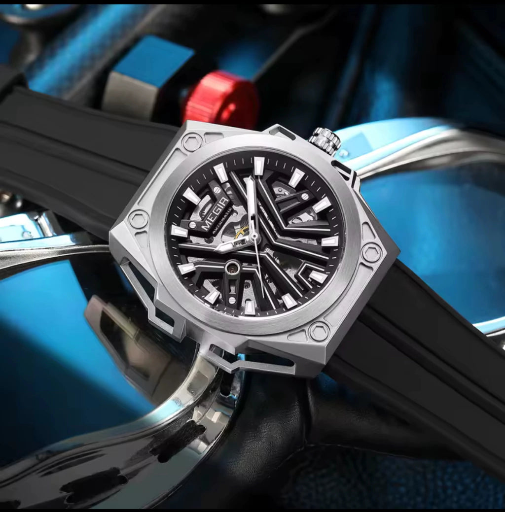 Reloj Automático Megir 8602 Negro Plateado de Cuerpo Semi Abierto | Elegancia y Precisión - Gallery 4