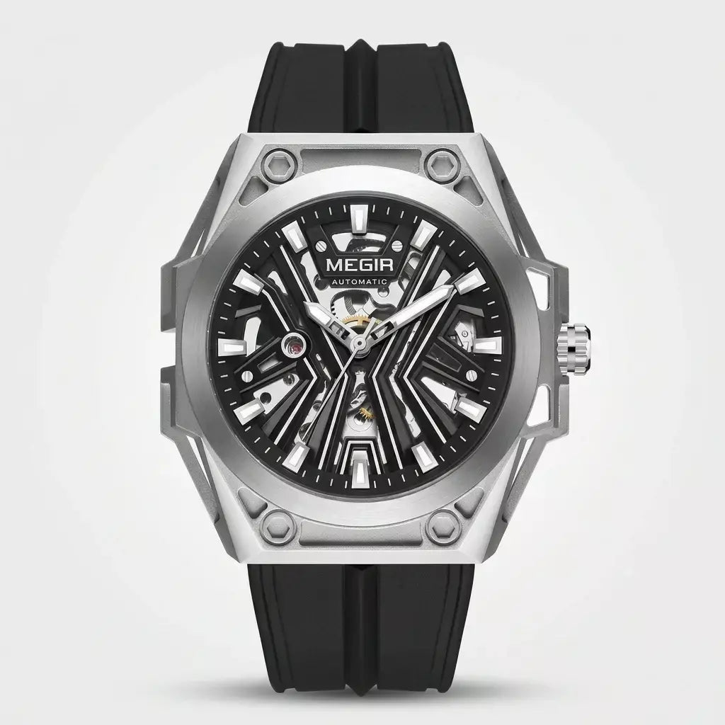 Reloj Automático Megir 8602 Negro Plateado de Cuerpo Semi Abierto | Elegancia y Precisión - Gallery 5